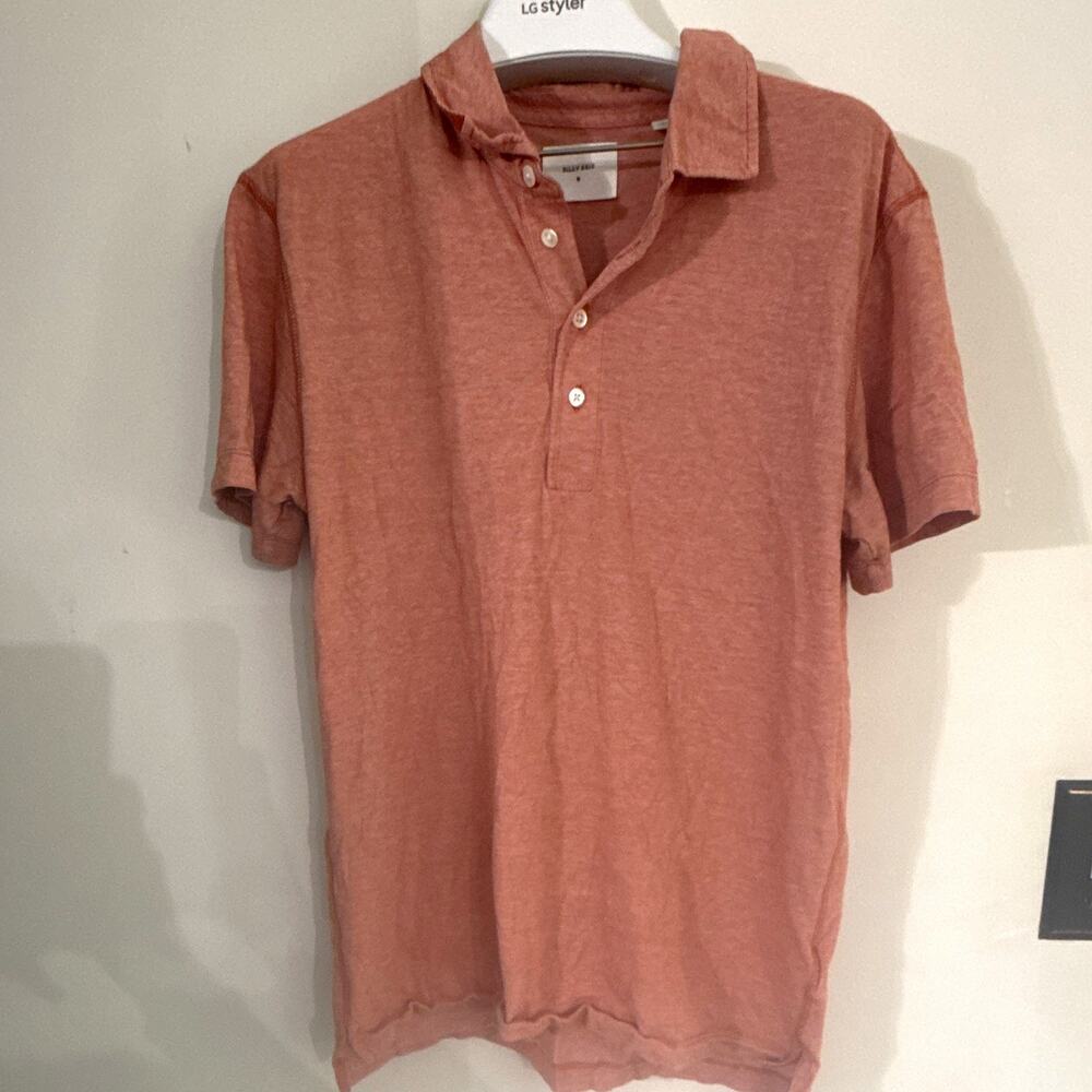 Billy Reid Men’s Polo Shirt M Regular Pink Solid Short Sleeve Collared Button